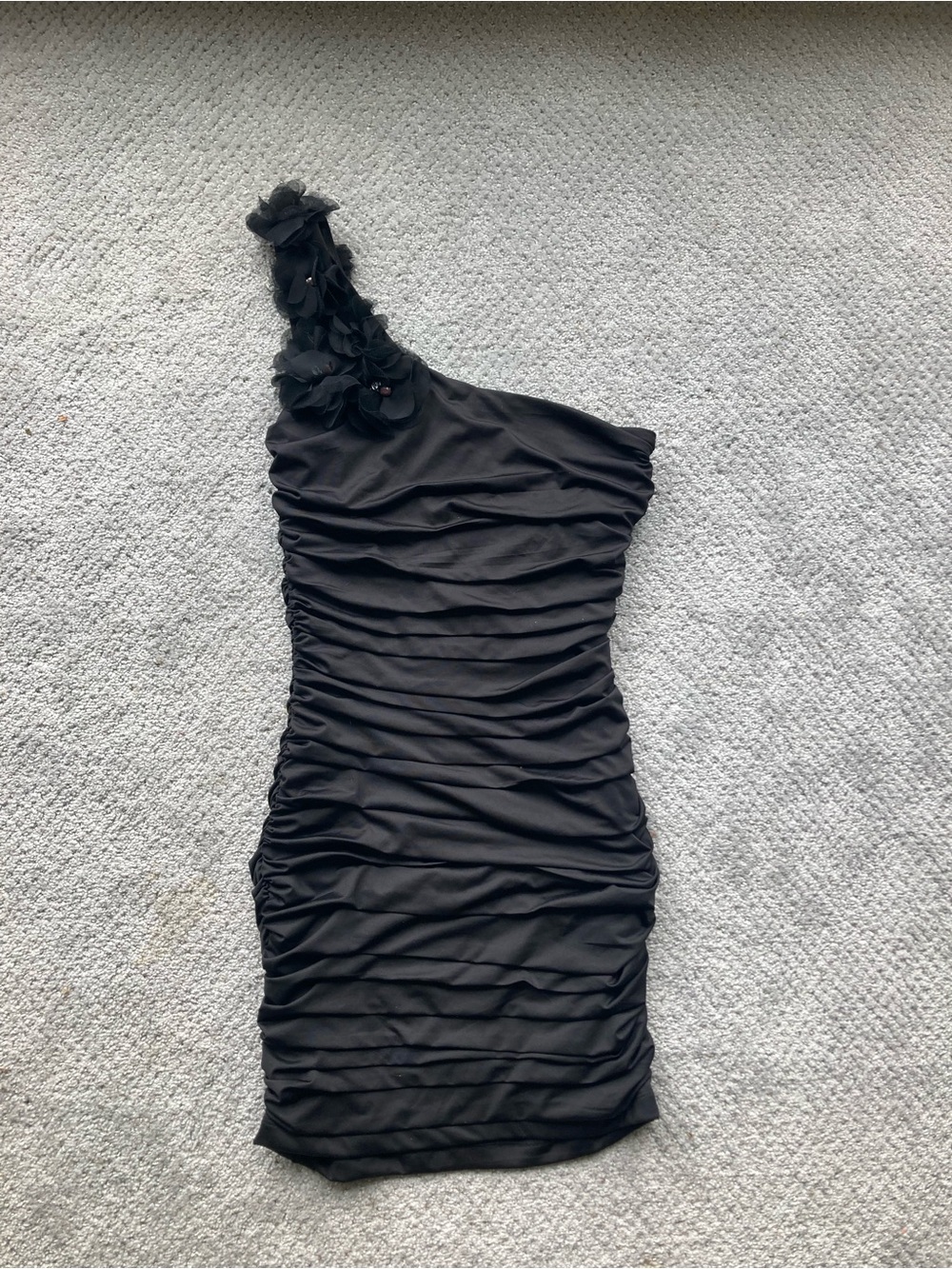 Forever 21 One-Shoulder Black Ruched Cocktail Dress with Floral Accent